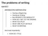 The problems of writing
*Having a Beginning
*Having an Ending
*But WHERE\'S THE MIDDLE?!?
*HOW DO I GET TO THE ENDING
*WHAT IS A PLOT
*WHAT ARE PLOT DETAILS
*WHAT IS WRITING

And most importantly:
*HOW DO I TITLE